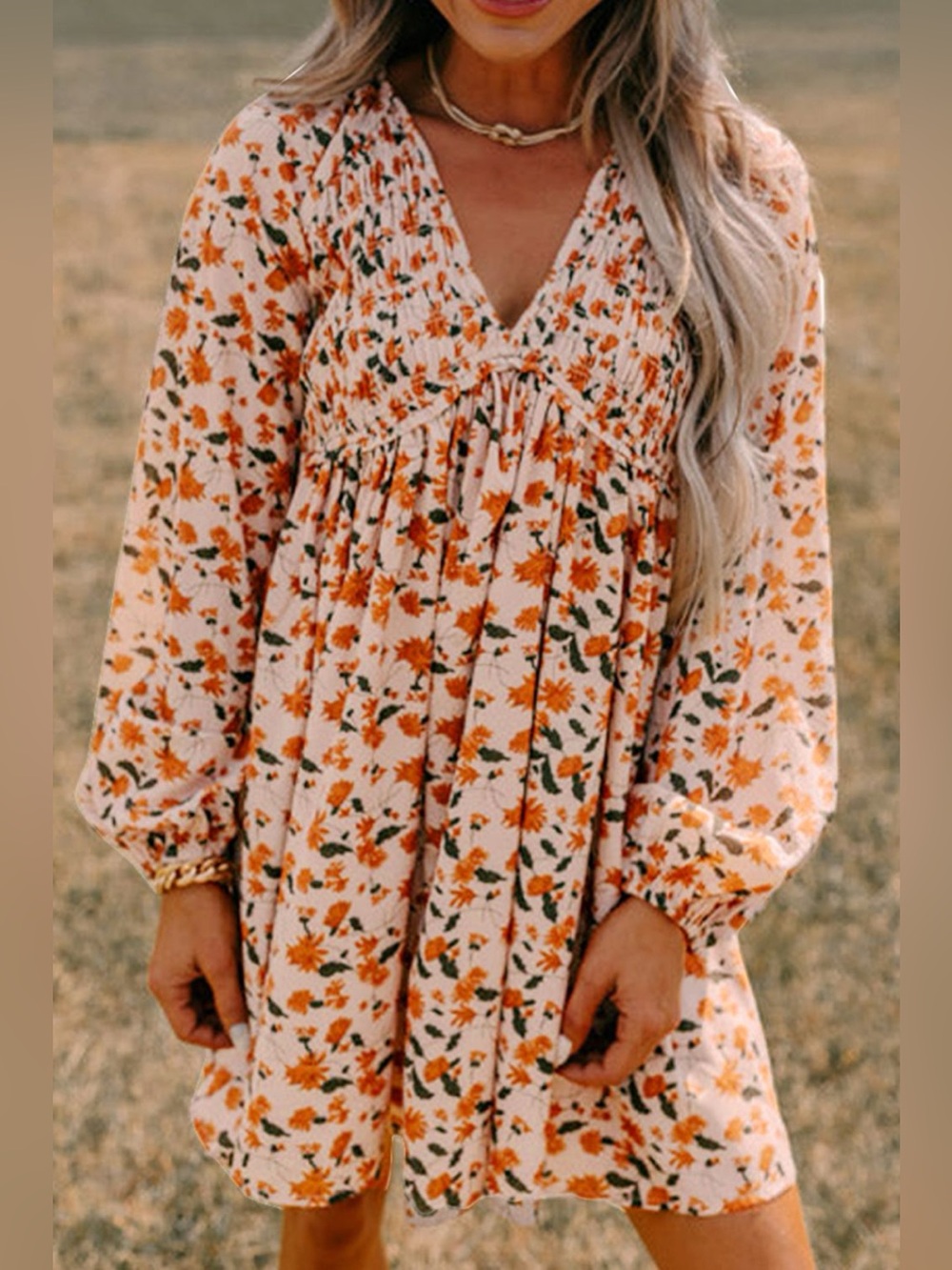 Smocked Printed V-Neck Long Sleeve Dress
